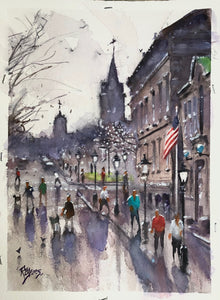 "Green Street at City Hall Spring Blossoms"   Watercolor Painting
