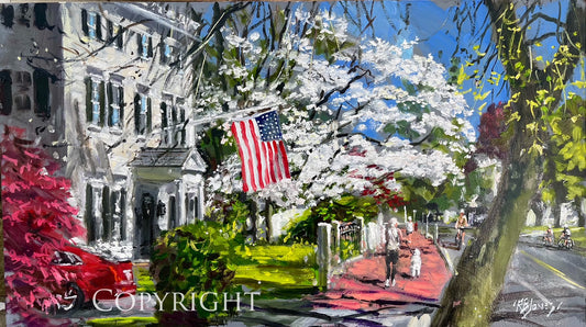 High St, Newburyport, Down Along, a Flag and Spring Time Flowering Tree, 14" x 24", oil, Richard Burke Jones