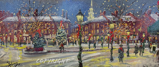 Wintry Holidays in Market Sq. Newburyport. Oil, 12" x 28" Richard Burke Jones