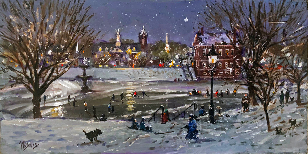 Ice Skaters at the Bartlett Mall under the lights - Giclee Print, Signed and Numbered