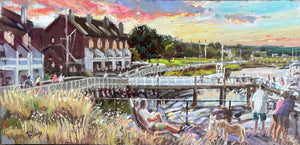 View over the River's Edge Condos, the Rail Trail, the Marina and Cashman Park at Sunset, oil, 12 x 24"