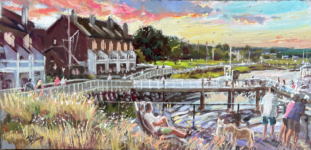 View over the River's Edge Condos, the Rail Trail, the Marina and Cashman Park at Sunset, oil, 12 x 24