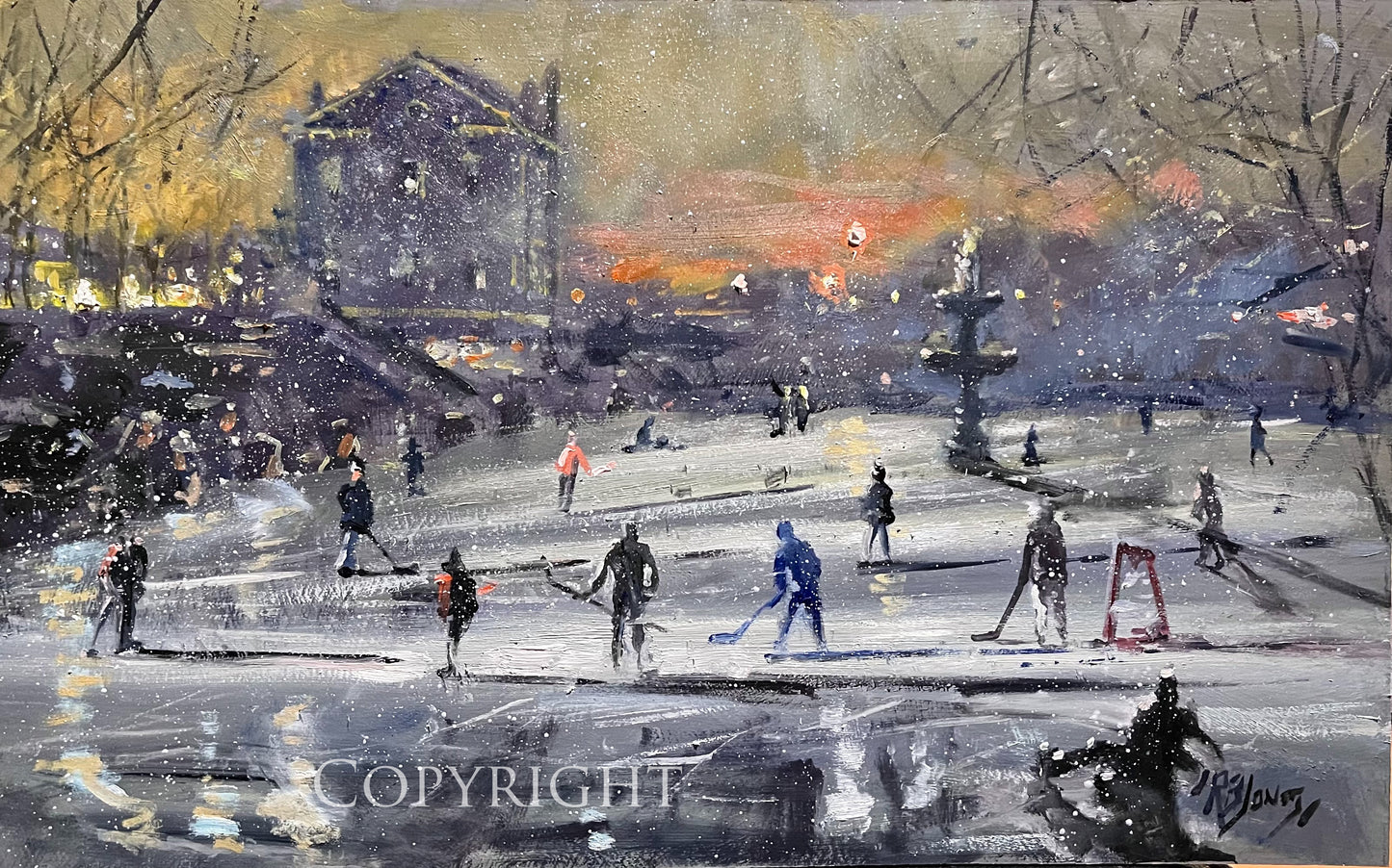 Night Lights and Skaters at the Mall, 12" x 19” Oil, Richardburkejones