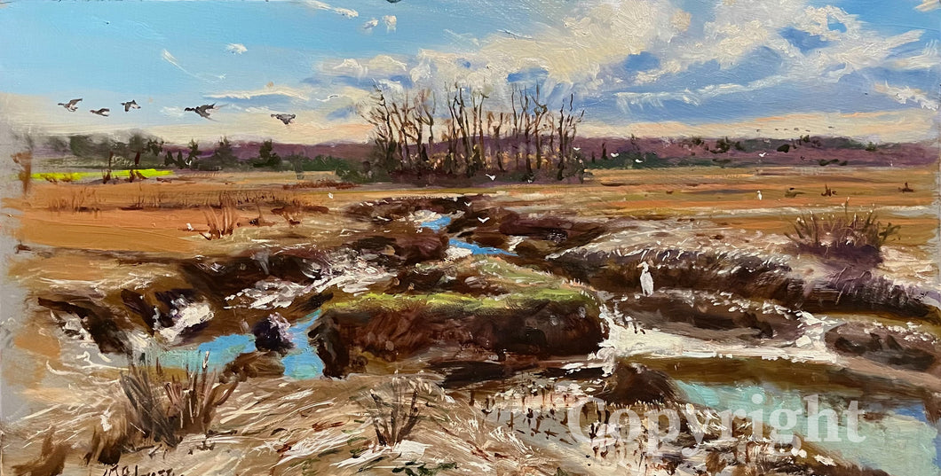 “The Egret”, Newbury, 12”x 24”, Oil, Richard Burke Jones,