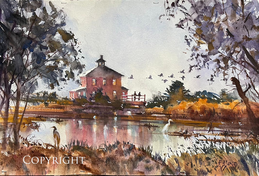 "The Meeting", Pink House, Newbury, Ma, 15" x 22" Watercolor by Richard Burke Jones