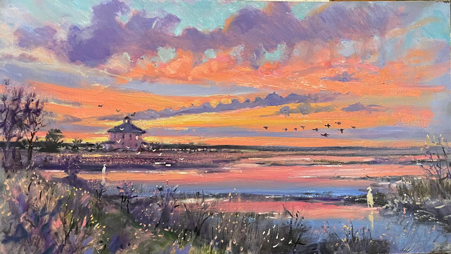 The Pink House, Sunrise, Spring, 2022, 14”x 24”, Oil, Richard Burke Jones,