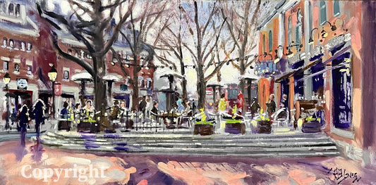 Sea Level Outdoor Cafe, April, 2022, 6:00 pm, 12”x 24”, Oil, Richard Burke Jones,