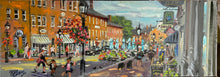 “Morning looking  north on State St toward Fowle’s and Market Square, September, 2021”, oil, 10” x 27”,