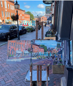 “Morning looking  north on State St toward Fowle’s and Market Square, September, 2021”, oil, 10” x 27”,