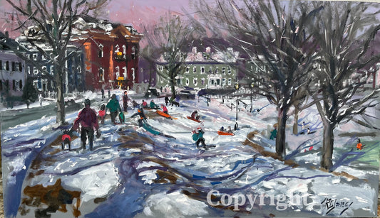 Sliding at the Mall, Oil, 14” x 24”, Richard Burke Jones