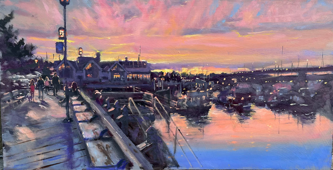 Along the Waterfront, Sunset, Newburyport, 12”x 24”, Oil, Richard Burke Jones,