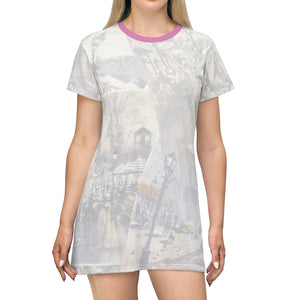 All Over Print T-Shirt Dress Showing the Cafes of Newburyport as depicted by Richard Burke Jones