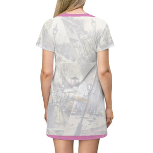 All Over Print T-Shirt Dress Showing the Cafes of Newburyport as depicted by Richard Burke Jones