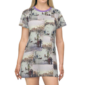 All Over Print T-Shirt Dress showing the artwork of Richard Burke Jones with his watercolor March's Hill 'Winter Fun!"