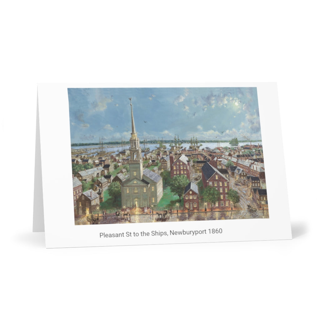 Pleasant Street Greeting Cards (horizontal)(7 pcs) showing Oil Painting by Richard Burke Jones of ''Pleasant Street to the Ships and Beyond, Newburyport, 1860