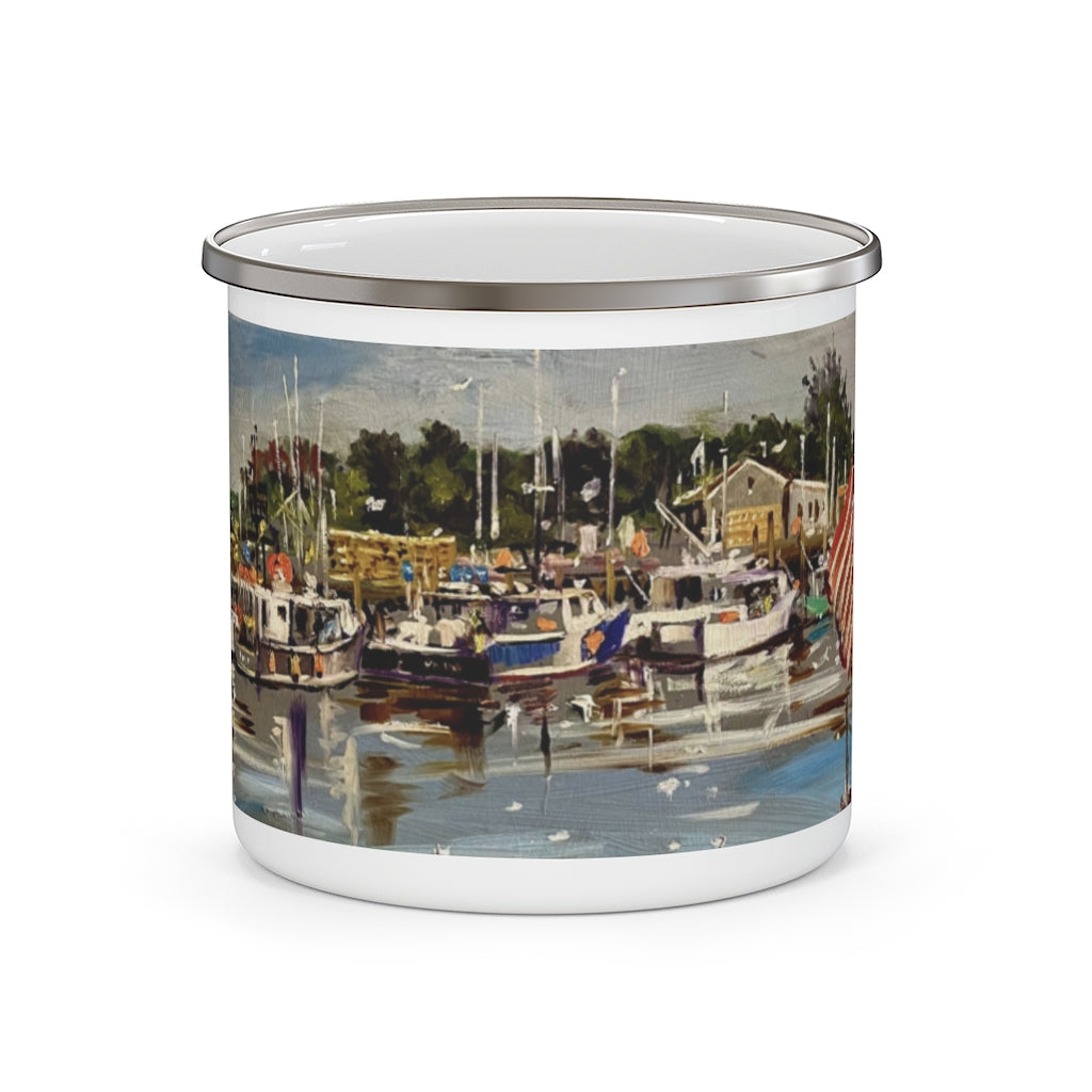 Enamel Camping Mug showing the 'Commercial Fishing Boats' in Portsmouth by Richard Burke Jones