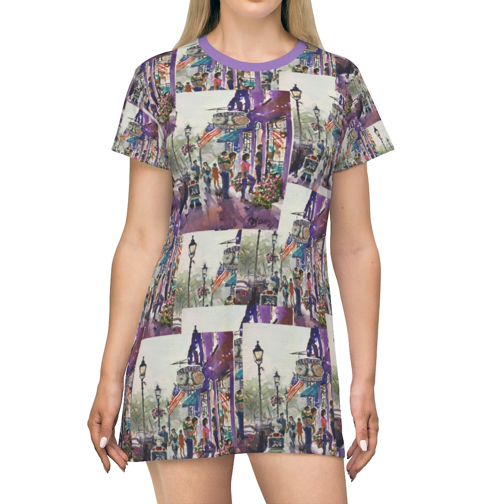 All Over Print T-Shirt Dress showing the watercolor of Abe's Bagel by Richard Burke Jones