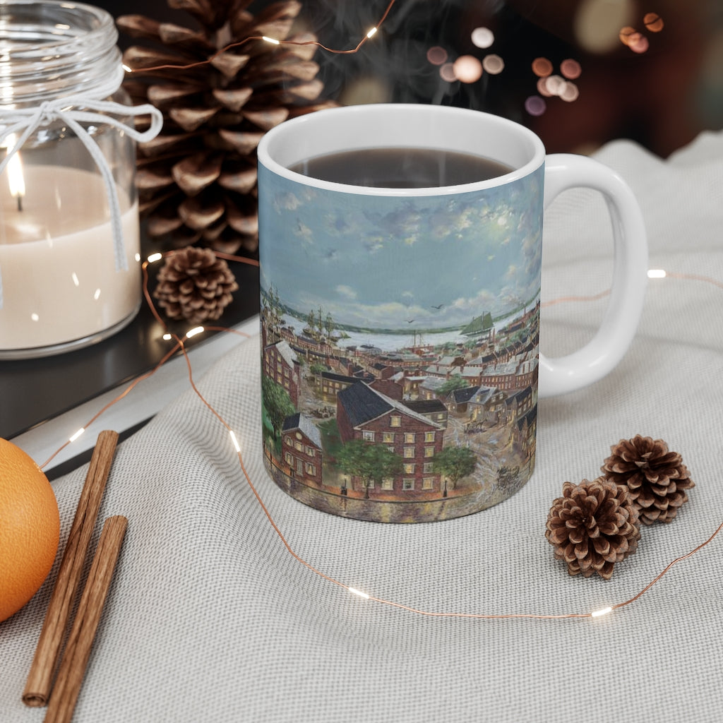 11 oz ceramic mug shows the Newburyport painting 'Pleasant St to the Ships and Beyond, 1860" by Richard Burke Jones