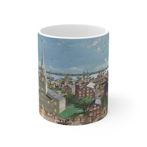11 oz ceramic mug shows the Newburyport painting 'Pleasant St to the Ships and Beyond, 1860" by Richard Burke Jones
