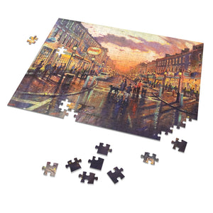 252 Piece Puzzle showing the artwork of Richard Burke Jones entitled 'State Street at Night'.