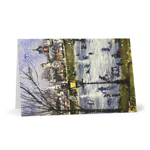 Greeting Cards (7 pcs) showing a watercolor of Ice Skating Under the Lights at the Mall, Newburyport by Richard Burke Jones
