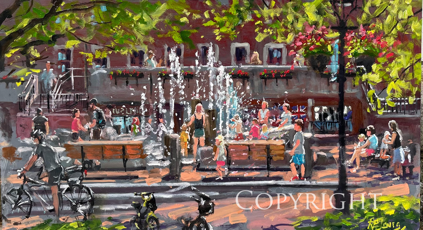 Inn Street Fountain 14” x 24”, oil, Richard Burke Jones